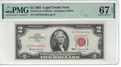 US Banknotes $2 Dollars Bill 1963 Fr# 1513 PMG: 67 EPQ GEM UNC. #PL1499 - Image 1 of 2