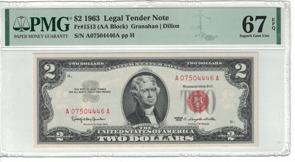 US Banknotes $2 Dollars Bill 1963 Fr# 1513 PMG: 67 EPQ GEM UNC. #PL1499 - Image 1 of 2