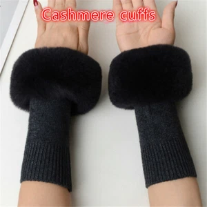 Women Cashmere Cuffs Elastic Fingerless Arm Sleeve Faux Fur Wrist Gloves - Picture 1 of 15