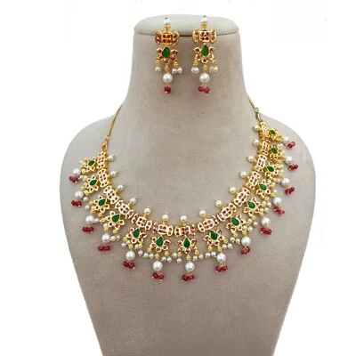 Conjunto de joyería tradicional indio Meenakari Kundan estilo perla esmeralda regalo de boda Foto 1 de 4