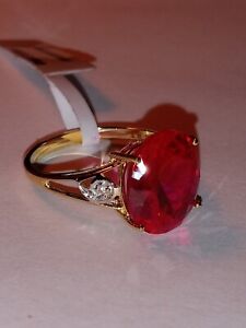 5.95 Ct lab created Ruby, Genuine Diamond 10kt Solid Yellow Gold Ring Size 7 New