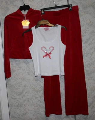 JC Рождество 3 ПК бега трек комплект средний с капюшоном велюровый топ, брюки, бак красный новый с Ярлыками - Изображение 1 из 2