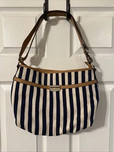 Rosetti Lizzie Navy and Cream Stripe Twill Shoulder Bag Tan Faux Leather Trim - Picture 1 of 4