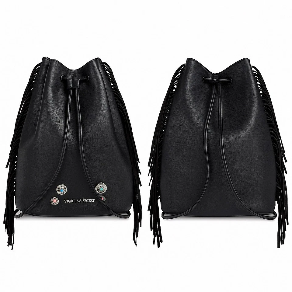 Bolso Cubo Victoria's Secret Flecos Negro Plata Logo Personalizado Western Pins Y2K Foto 1 de 4
