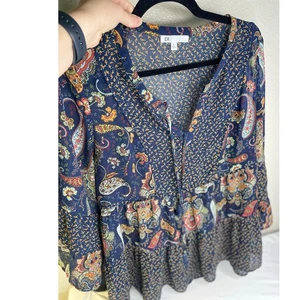 DR2 transparente Paisley Bluse blau rot hoch tief V-Ausschnitt Quaste Top Größe PL - Bild 1 von 9