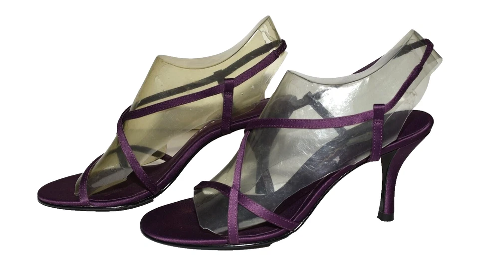 Nina Tela Púrpura Tirantes Punta Abierta Suelas de Cuero Tacones Cordones Talla 7 M Foto 1 de 4