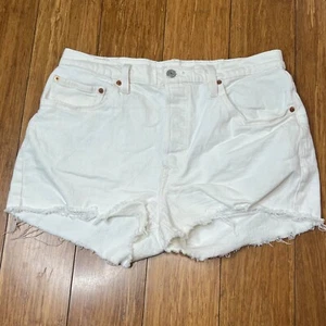 Levis 501 Women White Cutoff Denim Shorts Size 32 High Rise Button Fly Raw Hem - Picture 1 of 8