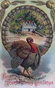 Ein Haus bauen in Plymouth Beste Grüße Vintage Thanksgiving Postkarte - Bild 1 von 2