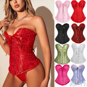 Bustier Corset Top Women Overbust Lace Up Boned Waist Cincher Burlesque Lingerie - Picture 1 of 35