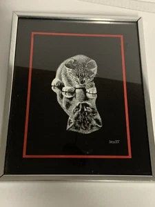 Vintage Rudy Droguett Cat Print Framed ‘Reflection’ Art 1970s Kitten Black - Picture 1 of 10