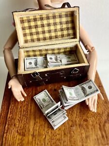 1:6 Lot  Dollhouse Miniature US Money With Leather Suitcase Game Currency Cash