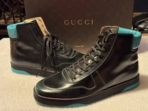 GUCCI GG 337208 Leather High Top Sneakers Turquoise / Black Size 9.5 ***PLS READ - Picture 1 of 15