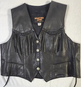 Women’s XXL Leather Motorcycle Vest Fringes, Air Brushed Fat Boy Wolf U.S.A Made - Picture 1 of 7