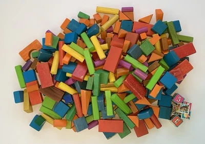 Vintage Colored Wooden Building Blocks Mixed Shapes Kids Toys Lot 250 pieces - Image 1 of 3