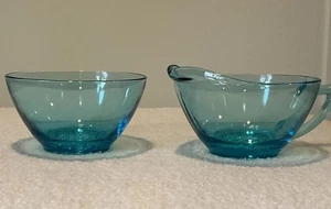 Vintage MCM Hazel Atlas Set Capri Zucker & Milchkännchen Türkis Blau Schuhnagel - Bild 1 von 10