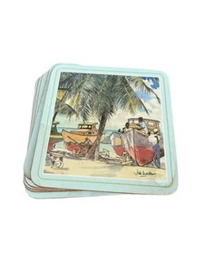 Pimpernel Jill Walker Barbados 4.25x4.25 Coasters Cork Bottom 6 Coastal Beach - Picture 1 of 11