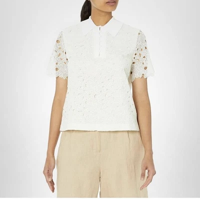 NUEVO CON ETIQUETAS CLUB MONACO Camisa Blanca Bordada Ojales Manga Corta Cuello Campesino 10 Foto 1 de 4