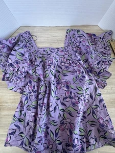 Cafe Marashesh Blouse Lavendar/Purple Short Sleeve Wm Sz M 100% Cotton Florals - Picture 1 of 16