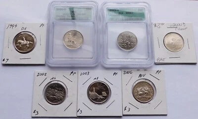 7 State Quarters 1999 DE, 2000 MA, 2001 VT, 2002 MS, 2003 NH/ME, 2006 NV, Proof+ - Image 1 of 4