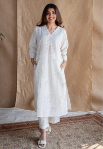 Indian Designer Cotton White Kurti Women Bollywood Top Tunic Kurta Pant Set - Picture 1 of 7