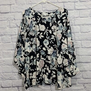 J. Jill Navy Blue Floral Cold Shoulder Pop Over Blouse Size XL - Picture 1 of 8