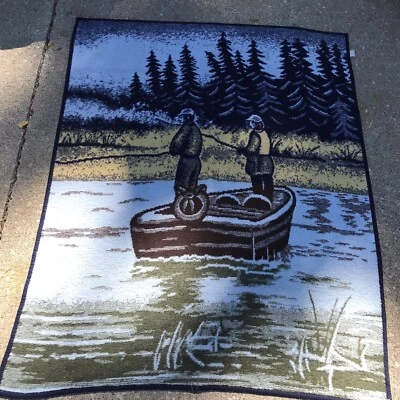 Manta Acrílica Vintage Lanzamiento Barco de Pesca Reversible Azul Verde 48 X 60 Usada Foto 1 de 4