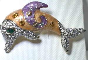 PORPOISE DOLPHIN Brooch Pin Made with Swarovski Rhinestones & ENAMEL MOC - Picture 1 of 5