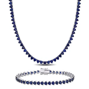 Amour Silver Created Blue Sapphire Tennis Necklace & Bracelet 18" & 7.5" - Picture 1 of 8