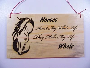 Horses Make My Life Whole-Wood Burning Plaque Art Picture Pyrography (Pink Cord) - Picture 1 of 3