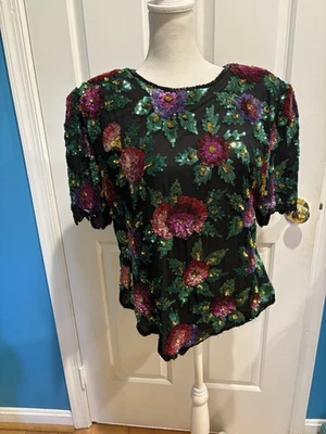 Vintage Laurence Kazar 80s floral beaded sequined silk top black sz XL L - Image 1 of 4