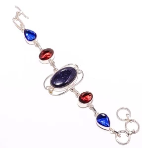 Blue Sunstone & Amethyst Silver Plated Jewelry Tennis Bracelet 7-7.99" B0-69 - Picture 1 of 5