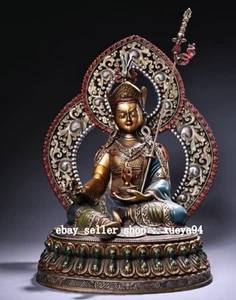 Old Tibet Nepal Bronze Gilt Painting Guru Padmasambhava Rinpoche Buddha Statue - Picture 1 of 9