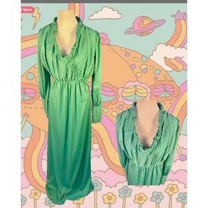 Vintage 70s Arpeja Young Innocent Pastel Green Ruffle Collar Maxi Hippy Dress XL - Picture 1 of 3