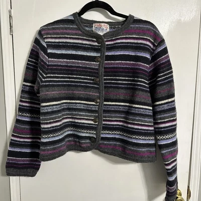 Tally Ho Wool Cardigan Sweater Purple Striped XL Pollak  Woman Vintage  - Image 1 of 4
