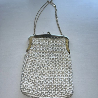 Vintage 1960s Signed Magid Italy White Beaded Straw  Evening Purse Clean - Image 1 of 4