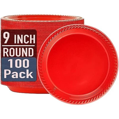 Platos de plástico desechables rojos, paquete de 100 piezas de plástico redondo 9" rojo Navidad Foto 1 de 4