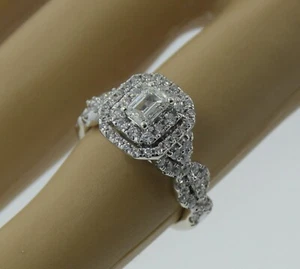 ZALES CELEBRATION 14K WHITE GOLD DIAMOND STEP HALO ENGAGEMENT RING .51 EMERALD - Picture 1 of 10
