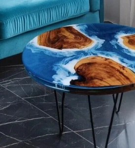 Blue Epoxy Resin Ocean Wave Center  Sofa Coffee Tabletop Handmade Acacia Wooden - Picture 1 of 8