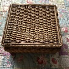 Vintage woven raffia sewing basket approx 24 cm square  x 12 cm tall 