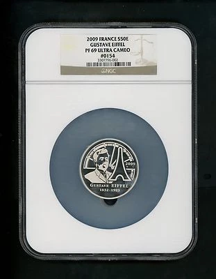 2009 France S50E Silver 50 euro Gustave Eiffel Tower NGC PF69 Ultra Cameo GEM Foto 1 de 4