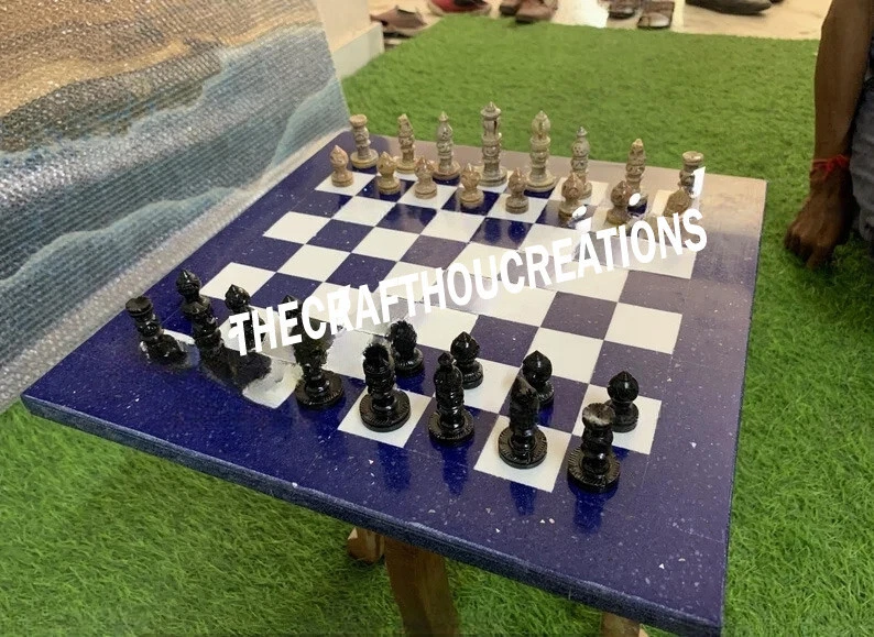 Lapis Lazuli Stone Chess Board With 32 Pieces, Figures Handmade Inlay Chess - Image 1 of 4