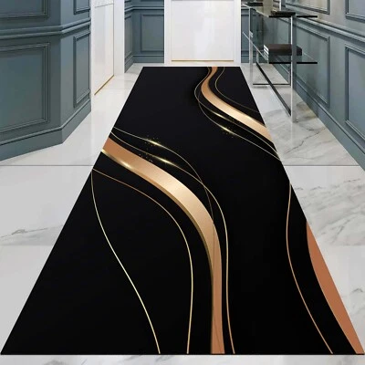 Alfombra de corredor negra dorada, alfombra de pasillo moderna, alfombra de entrada de lujo, alfombra larga glamorosa Foto 1 de 4