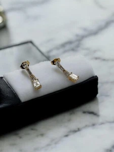 14K Yellow Gold Pear & Emerald Lab Grown Diamond Stud Dangle Earrings 1.25ctw - Picture 1 of 4