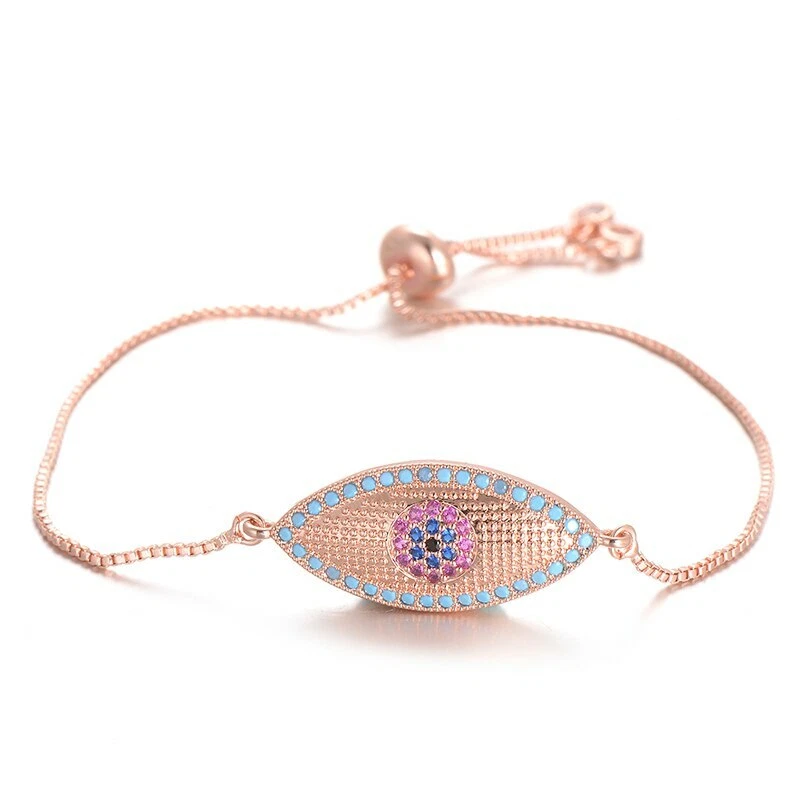 Large Evil Eye Pave Cubic Zirconia Rose Gold Thin Adjustable Bracelet - Image 1 of 4