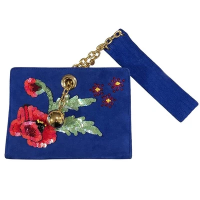 Bolso de Noche Muñequera Flor Bordado Lentejuelas Gamuza Azul Jitrois De Colección Foto 1 de 4