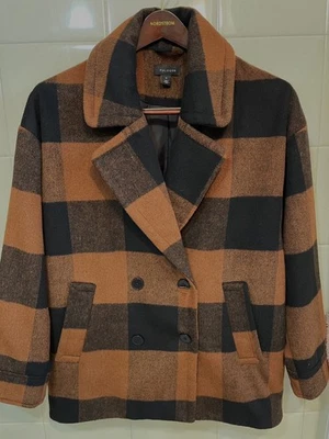 Women's Halogen Black and Brown/Burnt Orange Buffalo Plaid Pea Coat - Sz M - Image 1 of 3