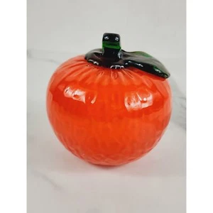Art Glass Hand Blow Orange w/ Green Leaf Fruit Vegetable 4" Home Decor 90s Vtg - Picture 1 of 13