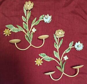 Vintage Pair Toleware Painted Metal Wall Hanging Floral Sconces Candle Holders