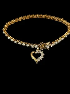 Vtg Tennis Style Bracelet Heart Charm Gold Tone Clear Rhinestones 7.5" PAJ BB - Picture 1 of 6