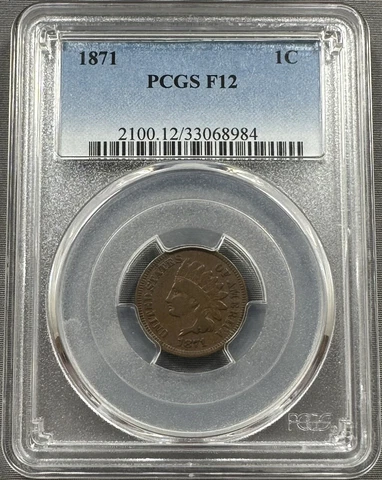 1871 Indian Head Cent Penny 1c - PCGS F12 - Choice Semi Key Date Cover